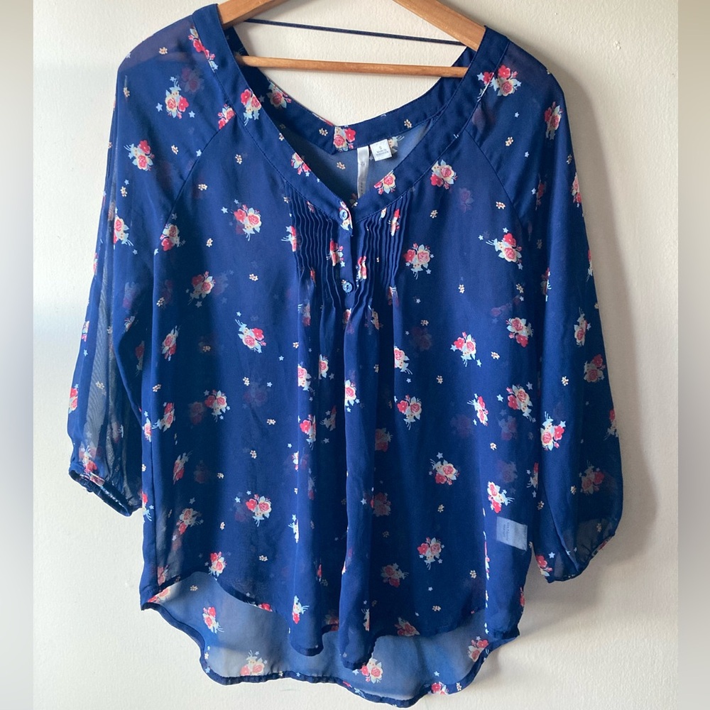 LC Lauren Conrad Navy Floral Blouse